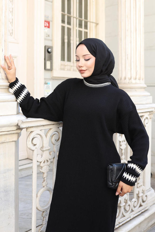 Desenli Triko Elbise Siyah 6149