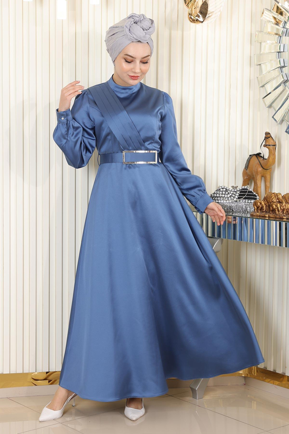 Drapeli Saten Abiye Mavi 19192