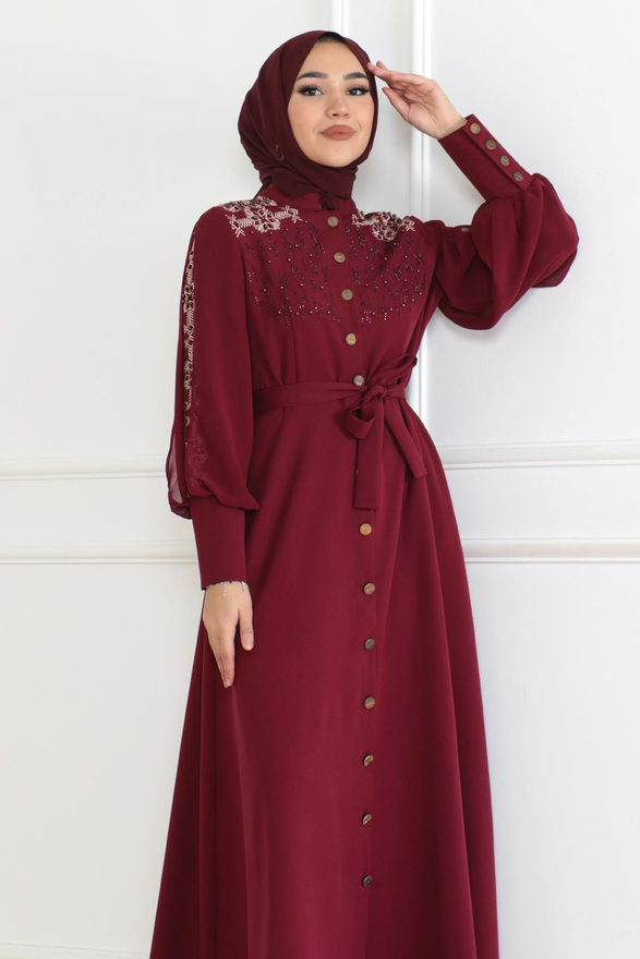 Düğme Detaylı Elbise Bordo 6118