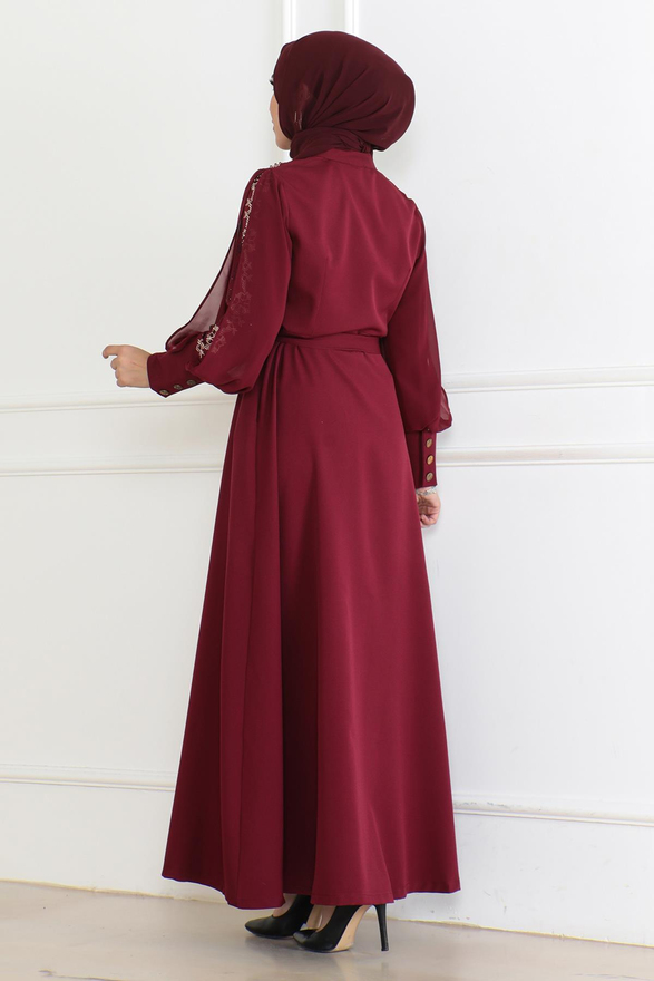 Düğme Detaylı Elbise Bordo 6118