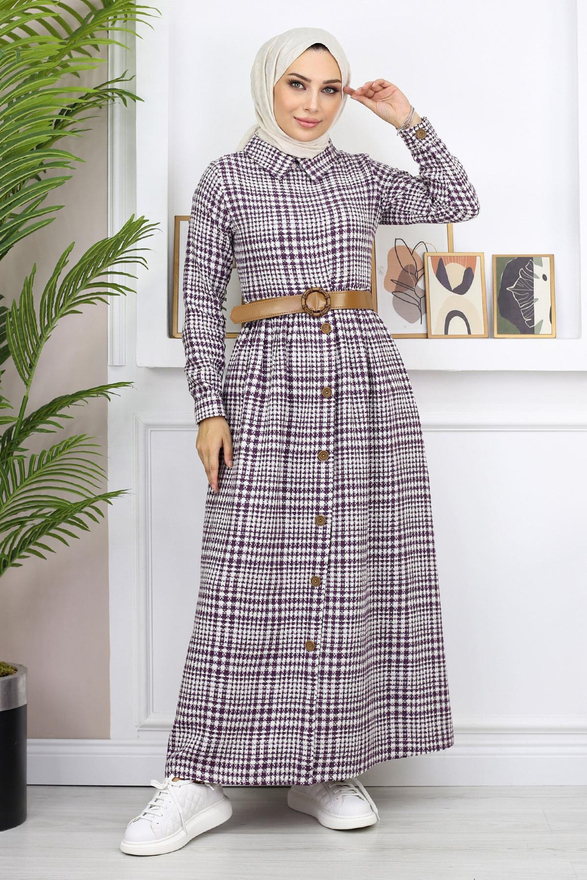 Düğme Detaylı Elbise Mürdüm 19166