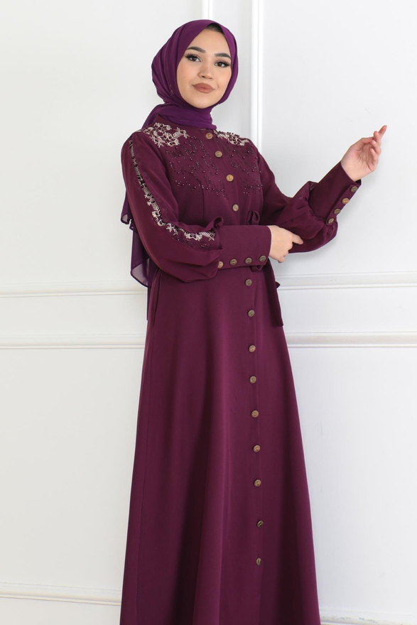 Düğme Detaylı Elbise Mürdüm 6118