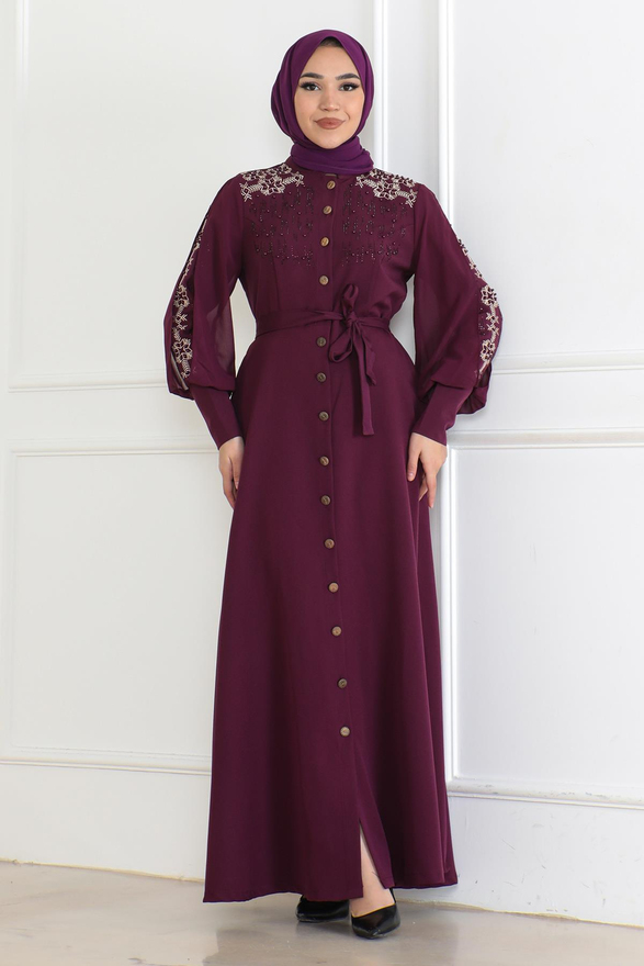 Düğme Detaylı Elbise Mürdüm 6118