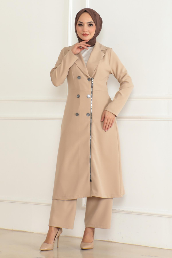 Düğme Detaylı Fermuarlı Takım Bej MSW19219-5