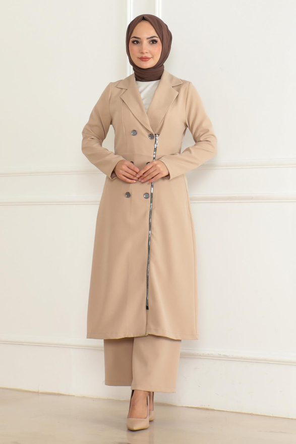 Düğme Detaylı Fermuarlı Takım Bej MSW19219-5