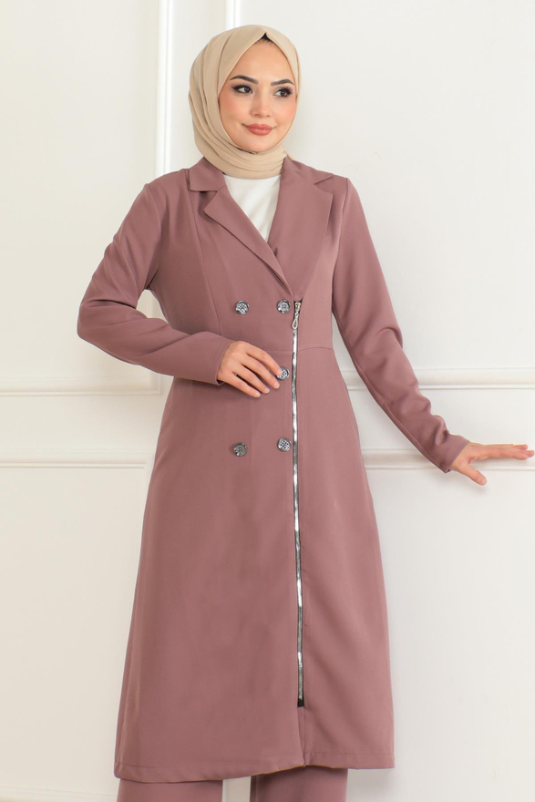 Düğme Detaylı Fermuarlı Takım Gül Kurusu MSW19219-3