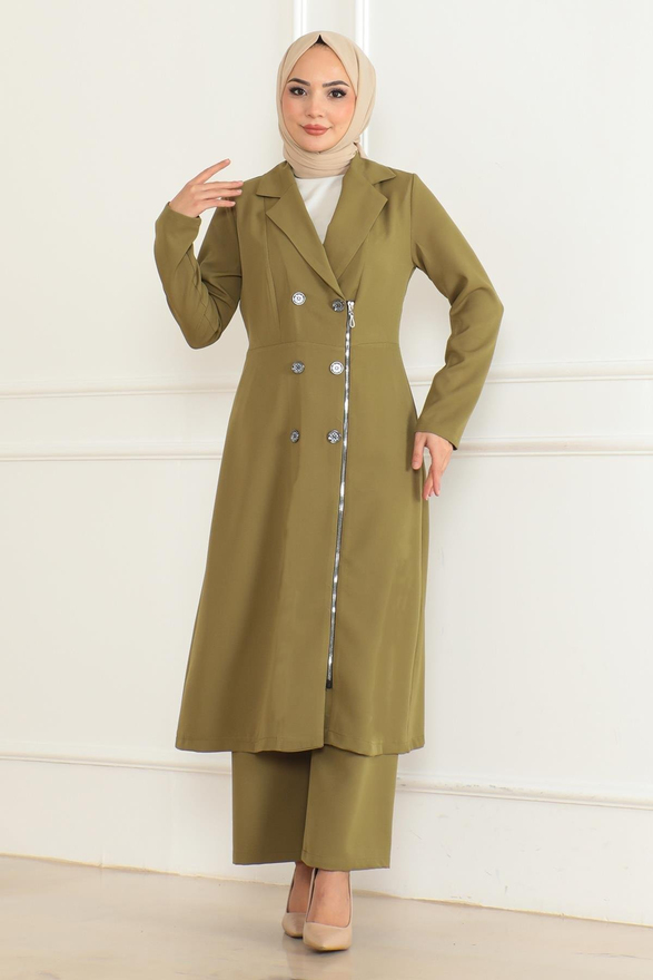 Düğme Detaylı Fermuarlı Takım Haki MSW19219-4