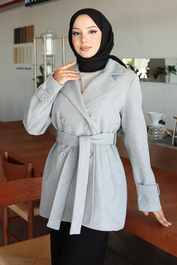 Düğme Detaylı Kaşe Kaban Gri 19274