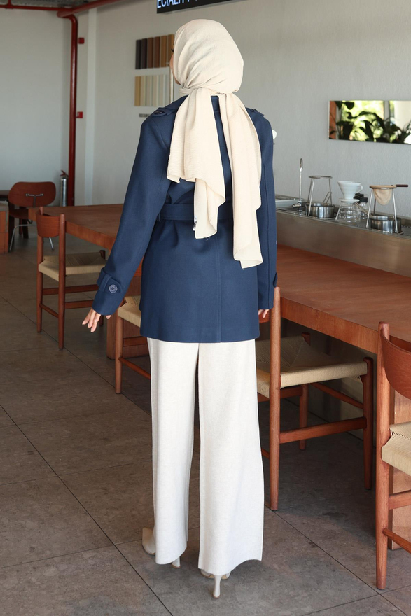 Düğme Detaylı Kaşe Kaban İndigo 19274