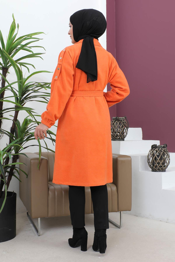 Düğme Detaylı Kaşe Kaban Turuncu 19247