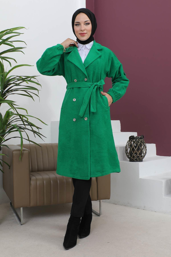 Düğme Detaylı Kaşe Kaban Zümrüt 19247