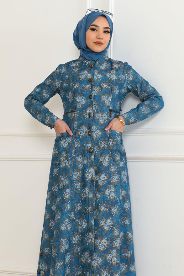 Düğme Detaylı Kot Elbise Açık Mavi 6128