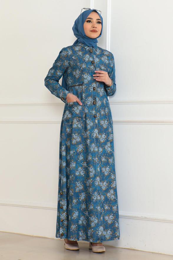 Düğme Detaylı Kot Elbise Açık Mavi 6128