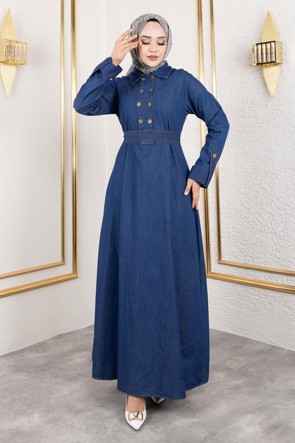 Düğme Detaylı Kot Elbise Koyu Mavi 19366