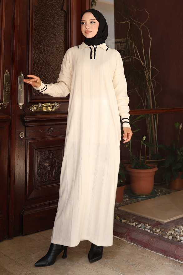 Düğme Detaylı Triko Elbise Beyaz 6153