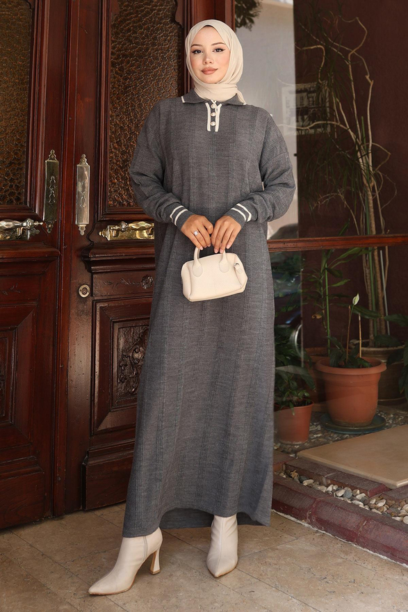 Düğme Detaylı Triko Elbise Gri 6153