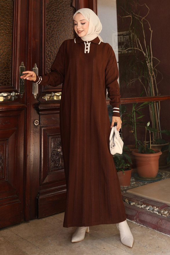 Düğme Detaylı Triko Elbise Kahverengi 6153