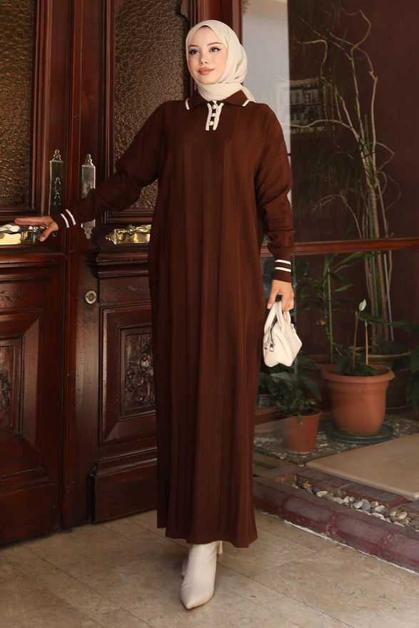 Düğme Detaylı Triko Elbise Kahverengi 6153