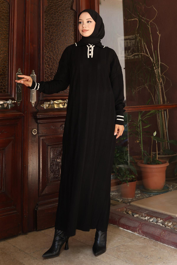 Düğme Detaylı Triko Elbise Siyah 6153