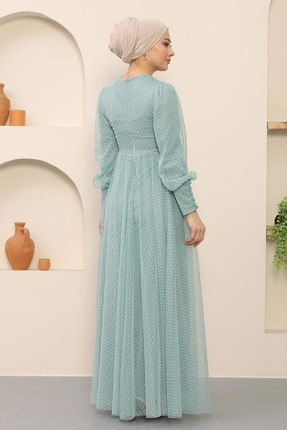 Düğme Detaylı Tül Abiye Mint 12237