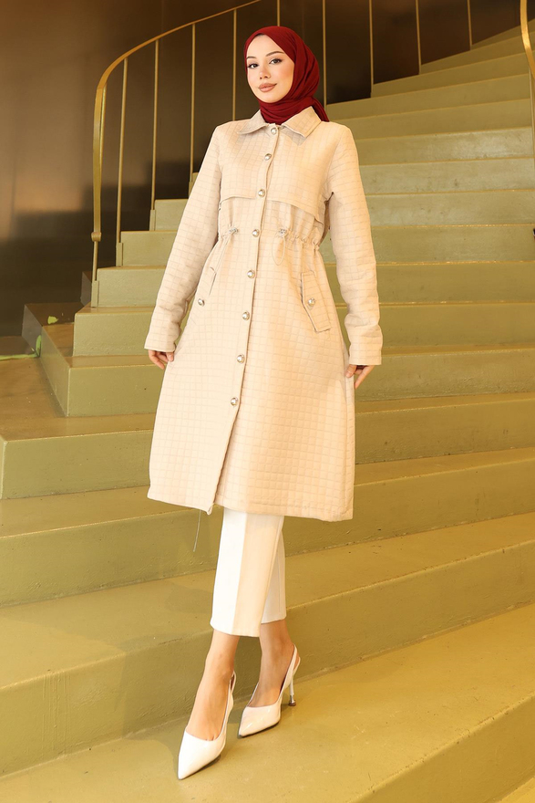 Düğmeli Beli Bağcıklı Kapitone Kap Bej 19289