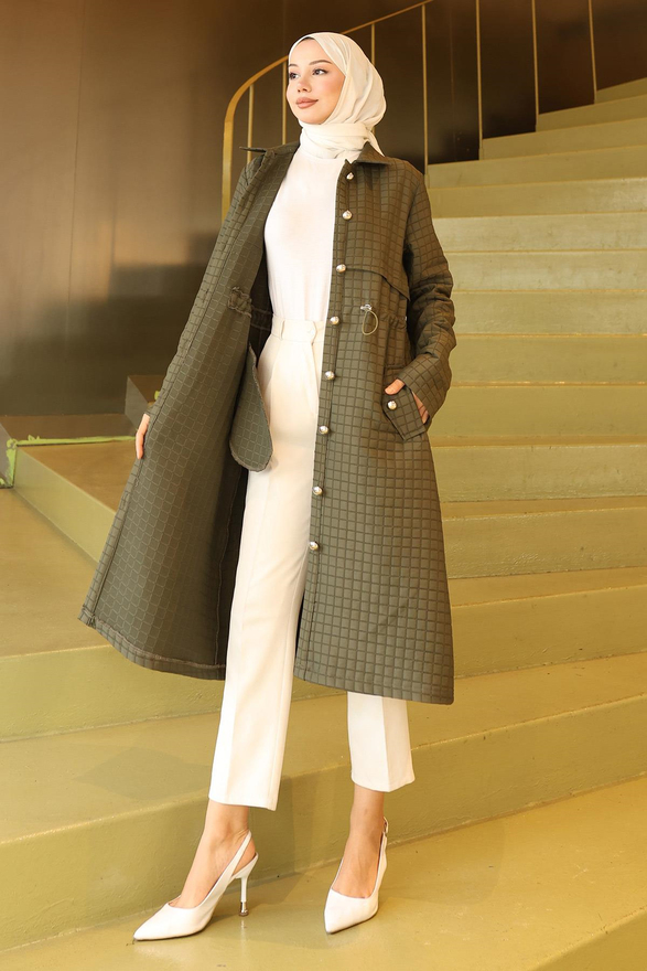 Düğmeli Beli Bağcıklı Kapitone Kap Haki 19289