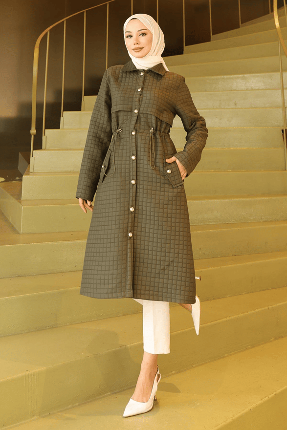 Düğmeli Beli Bağcıklı Kapitone Kap Haki 19289