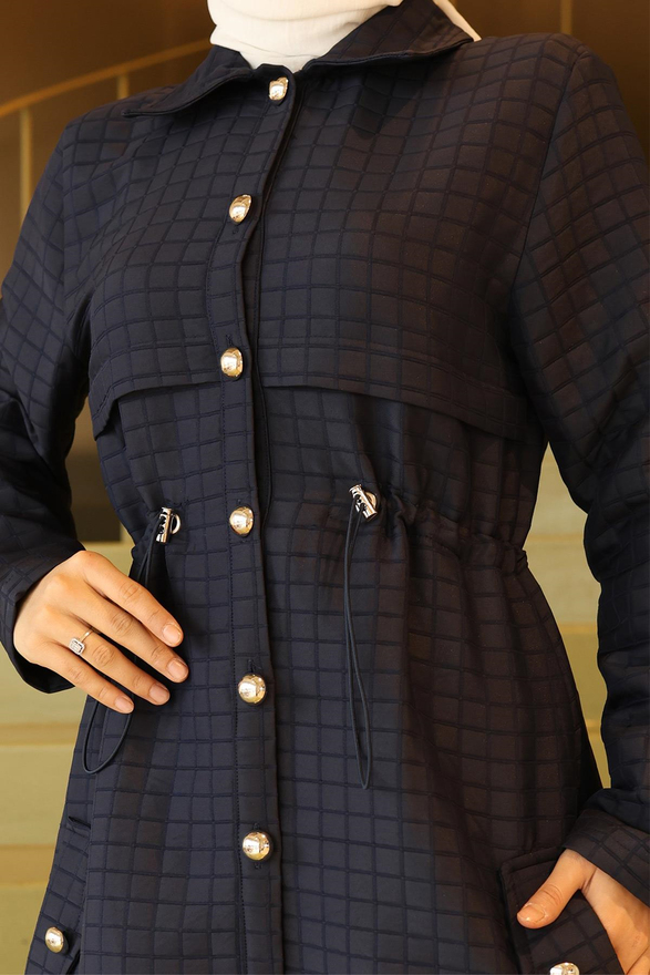 Düğmeli Beli Bağcıklı Kapitone Kap Lacivert 19289