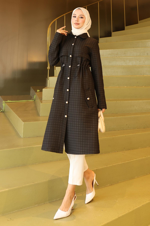 Düğmeli Beli Bağcıklı Kapitone Kap Siyah 19289