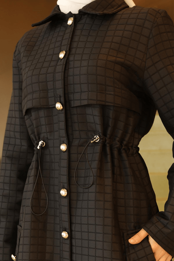 Düğmeli Beli Bağcıklı Kapitone Kap Siyah 19289