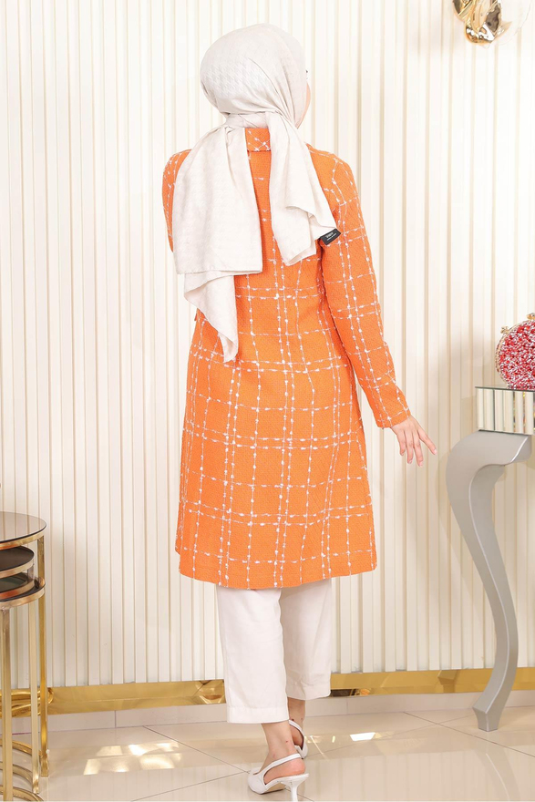 Düğmeli Geniş Yaka Kaşe Kaban Turuncu 19177