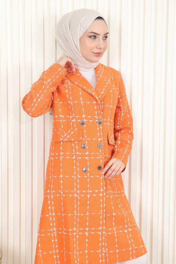 Düğmeli Geniş Yaka Kaşe Kaban Turuncu 19177