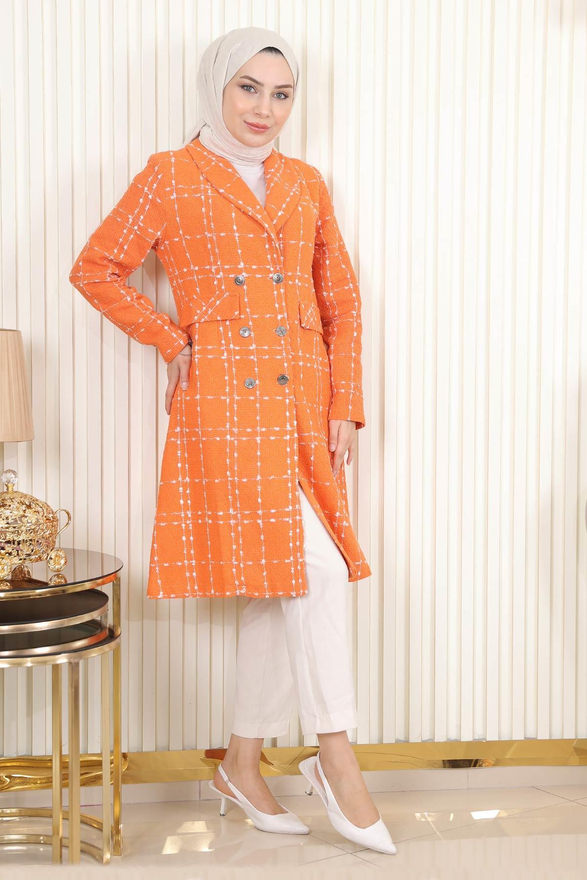 Düğmeli Geniş Yaka Kaşe Kaban Turuncu 19177