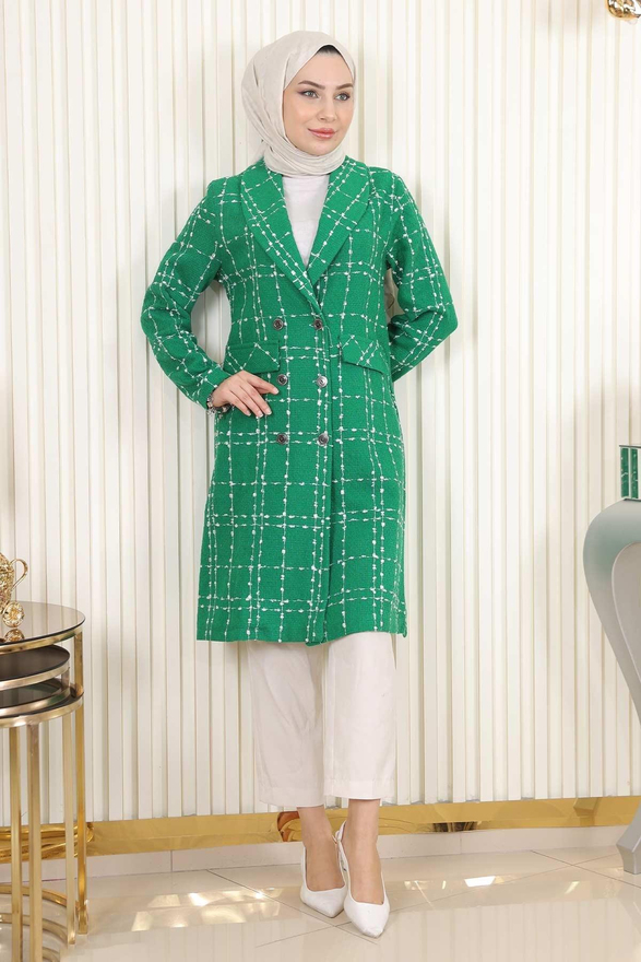 Düğmeli Geniş Yaka Kaşe Kaban Zümrüt 19177