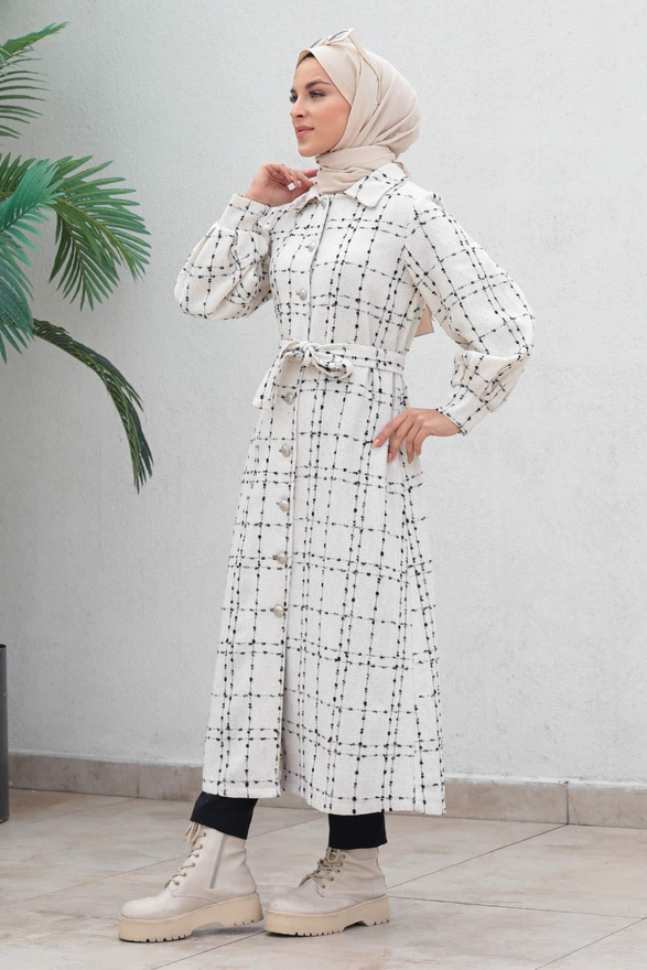 Düğmeli Kaşe Kaban Beyaz 19600