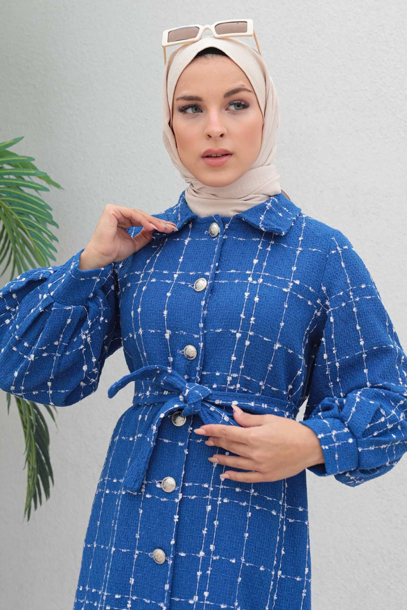 Düğmeli Kaşe Kaban Mavi 19600