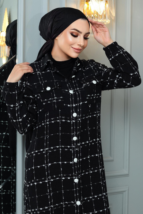 Düğmeli Kaşe Kaban Siyah 19260