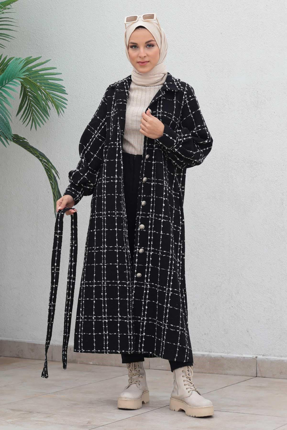 Düğmeli Kaşe Kaban Siyah 19600