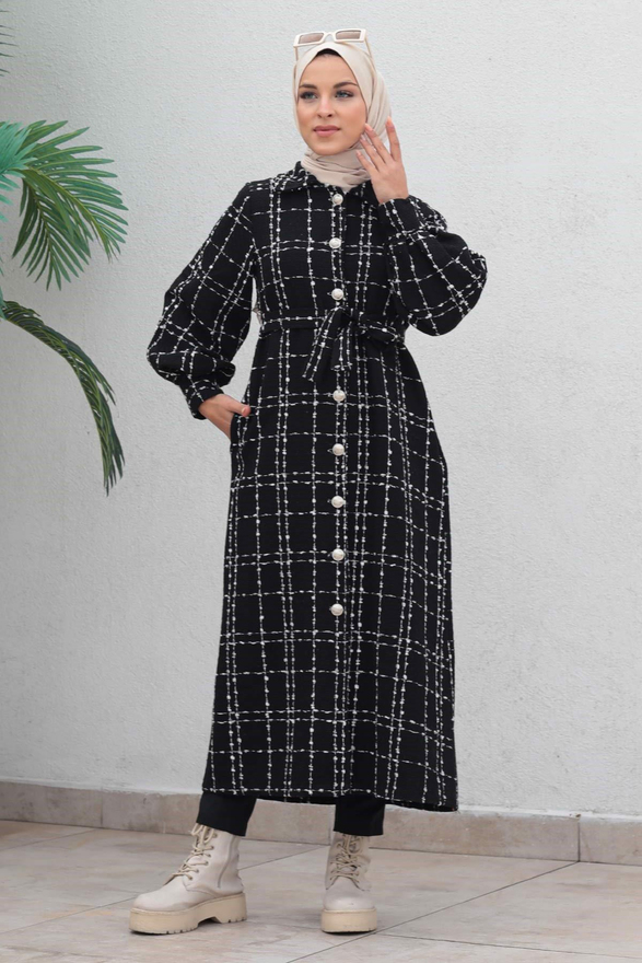 Düğmeli Kaşe Kaban Siyah 19600