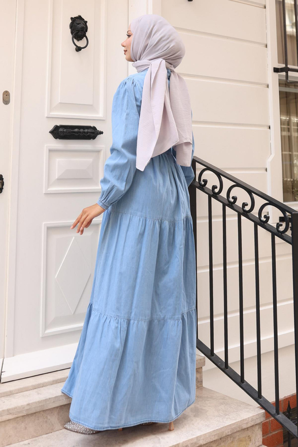 Düğmeli Kat Kat Kot Elbise Açık Mavi 19263