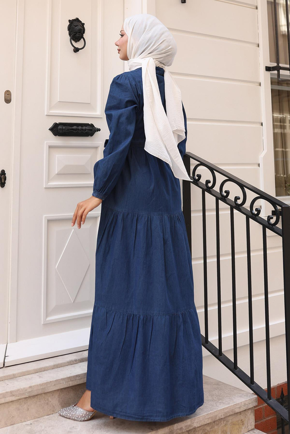 Düğmeli Kat Kat Kot Elbise Koyu Mavi 19263