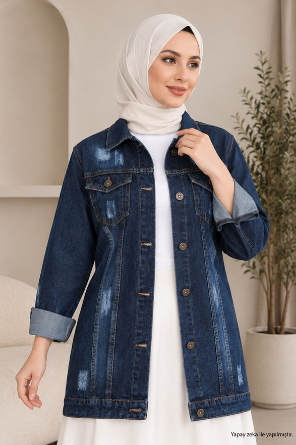 Düğmeli Kot Ceket Koyu Kot 6009