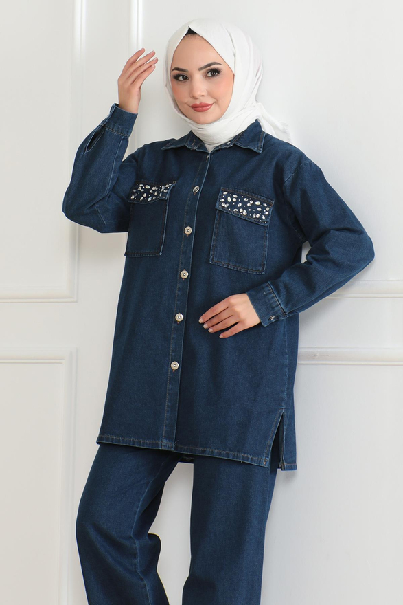 Düğmeli Taş Detaylı Kot Takım Koyu Kot 19285