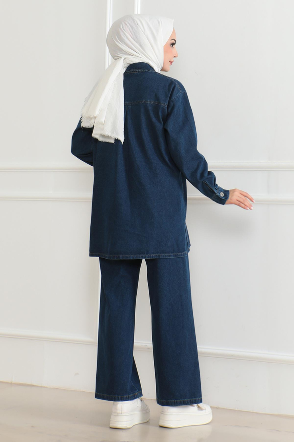 Düğmeli Taş Detaylı Kot Takım Koyu Kot 19285