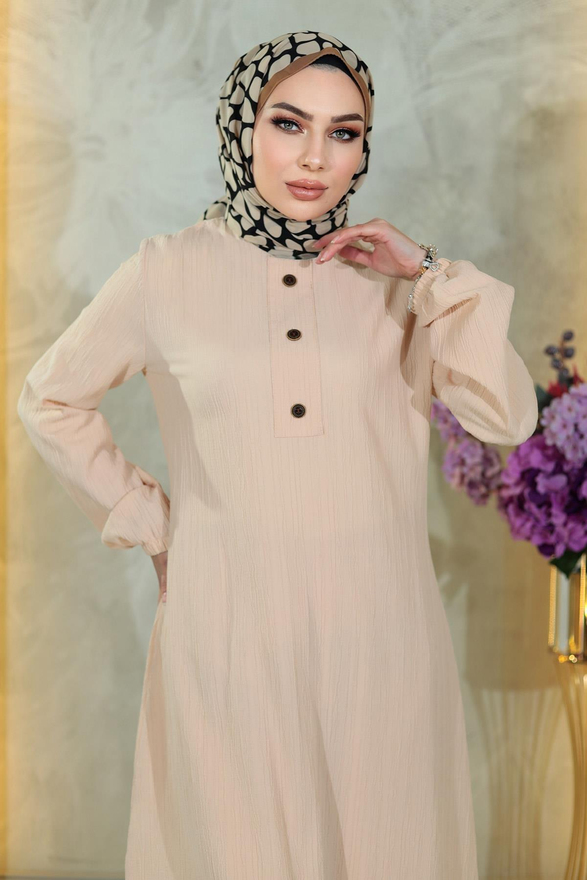 Düğmeli Tesettür Takım Bej MSW10358-3