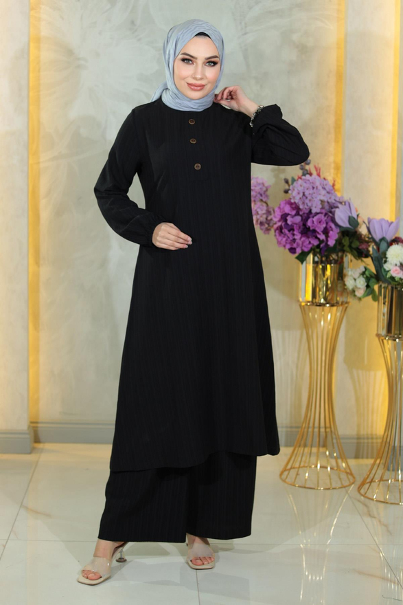 Düğmeli Tesettür Takım Siyah MSW10358-1