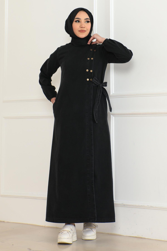 Düğmeli Yandan Bağlamalı Kot Ferace Füme 19361