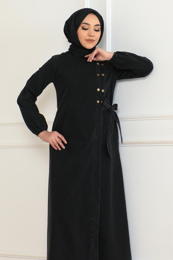 Düğmeli Yandan Bağlamalı Kot Ferace Füme 19361