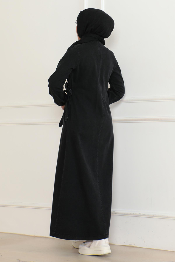 Düğmeli Yandan Bağlamalı Kot Ferace Füme 19361