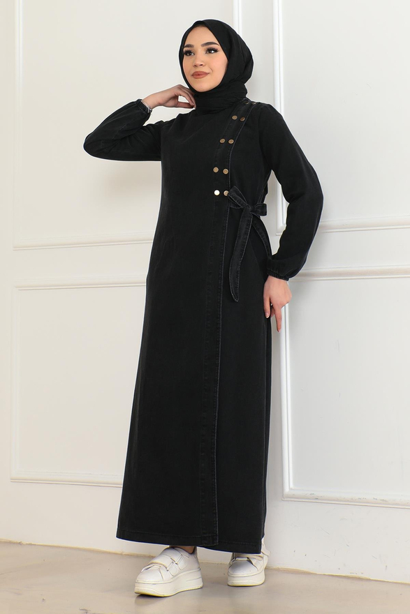 Düğmeli Yandan Bağlamalı Kot Ferace Füme 19361